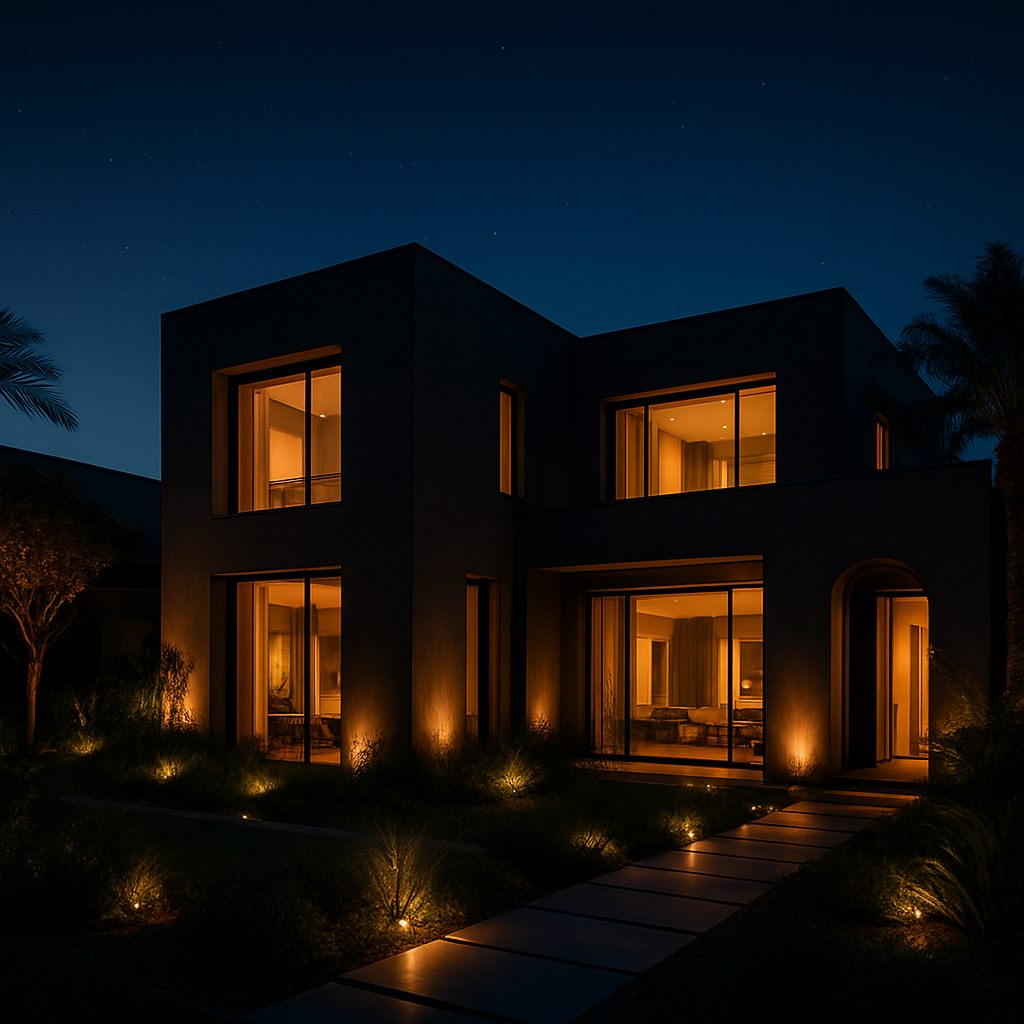 Villa marocaine moderne équipée de domotique au crépuscule